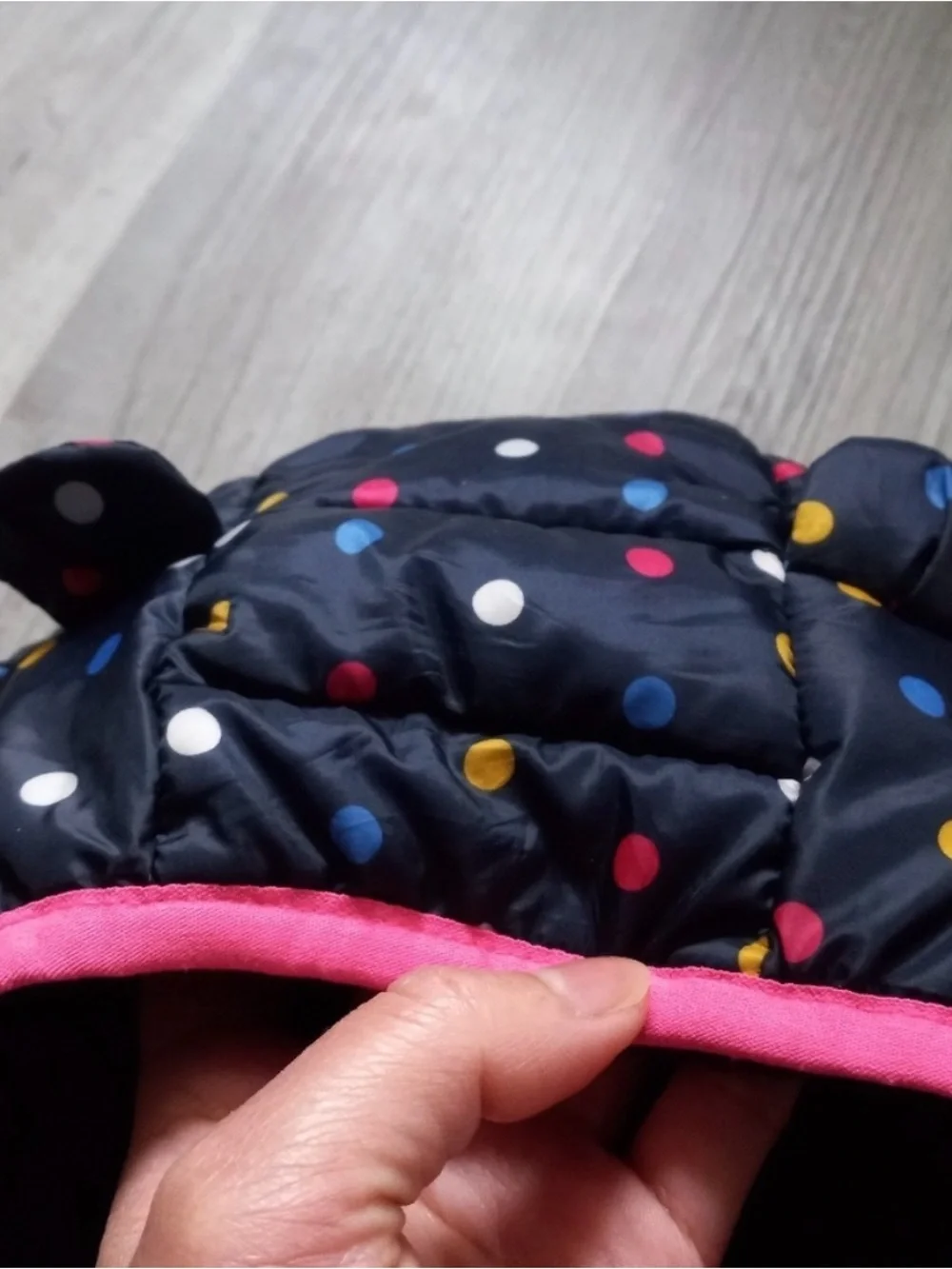GAP Navy Puffer Jacket with Multicolor Polka Dots and Pink Trim